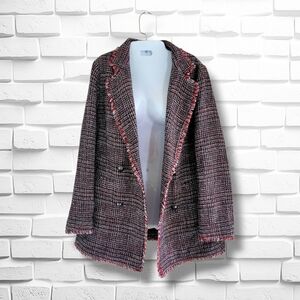 Banana Republic | NWOT Red/Black Tweed Fringe Trim Open Front Jacket (SIZE 8)